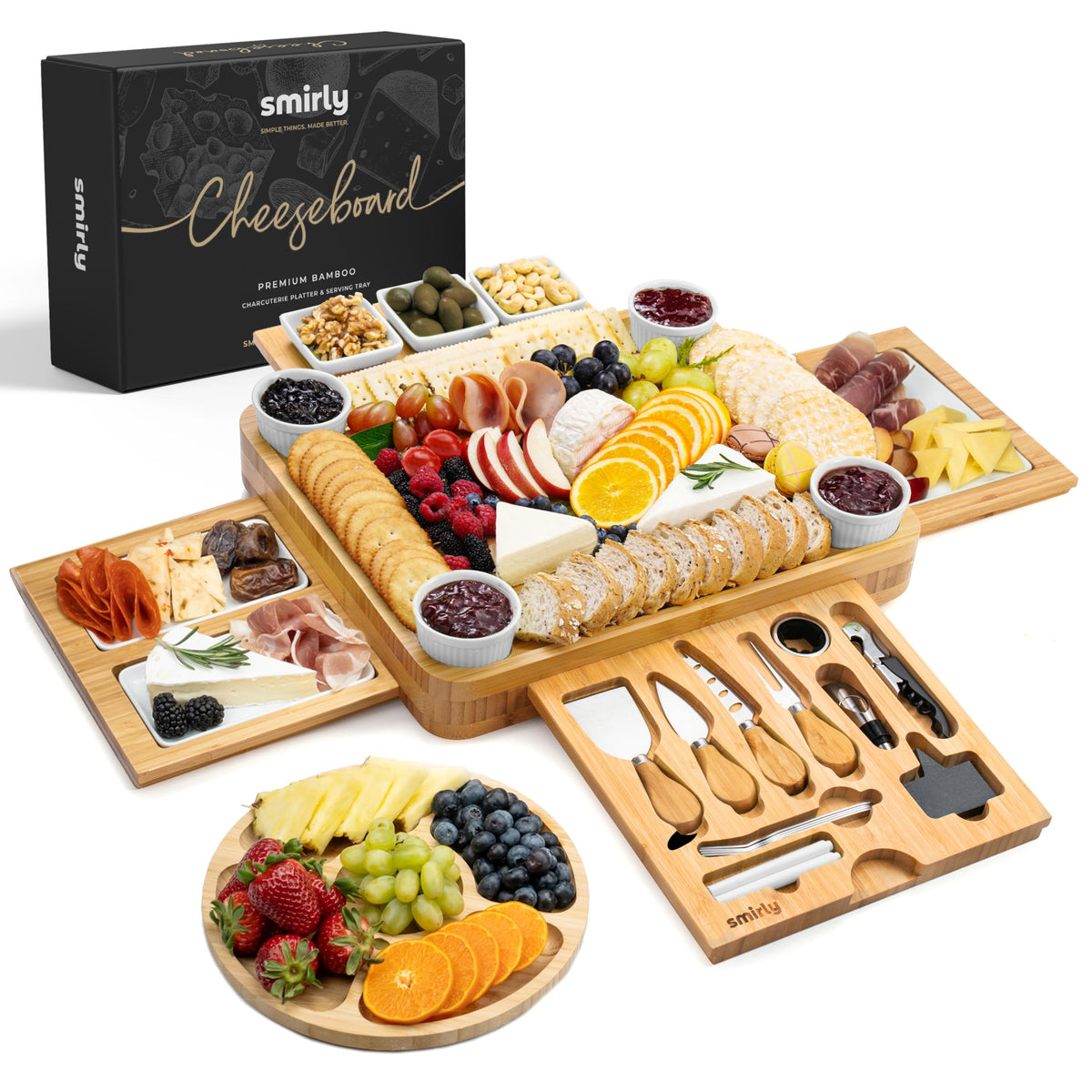 SMIRLY Charcuterie Board—large bamboo tray with drawers for stylish entertaining.