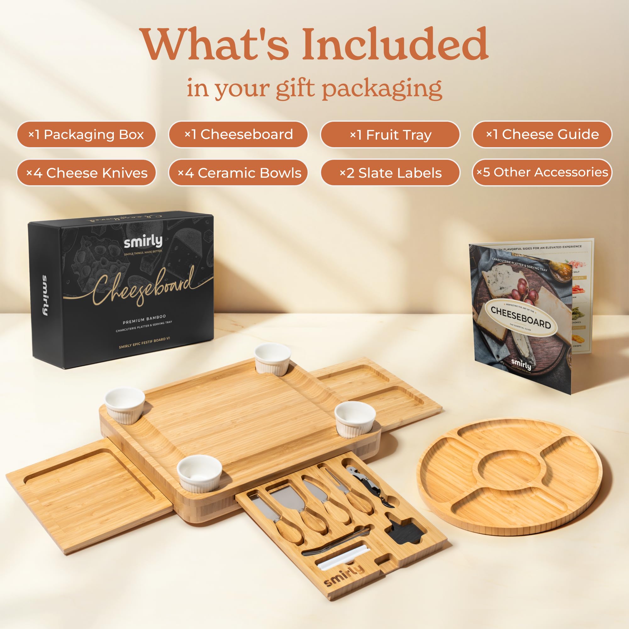 Smirly charcuterie board with knives set for easy, stylish serving
