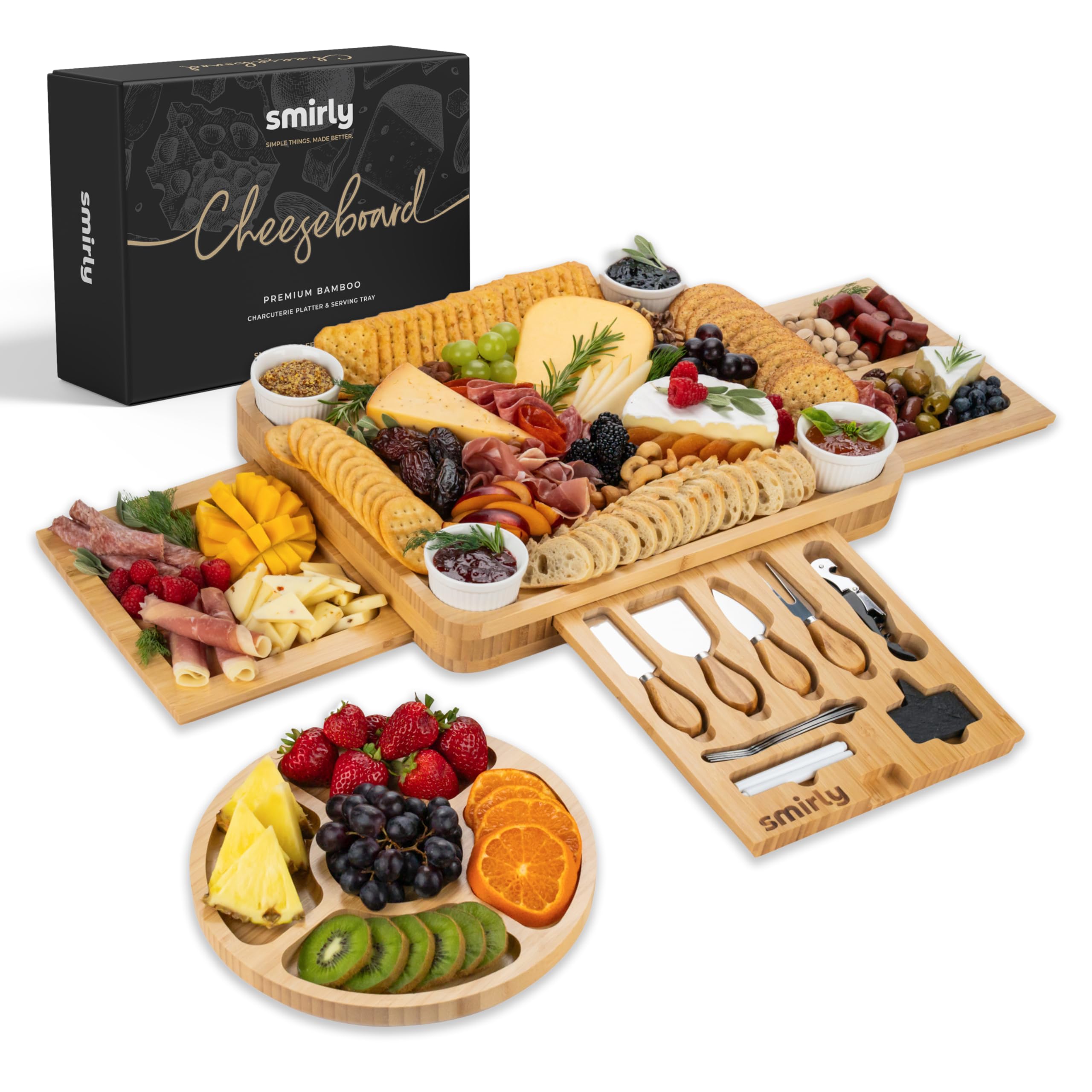 Smirly large bamboo charcuterie board with accessories ideal for entertaining