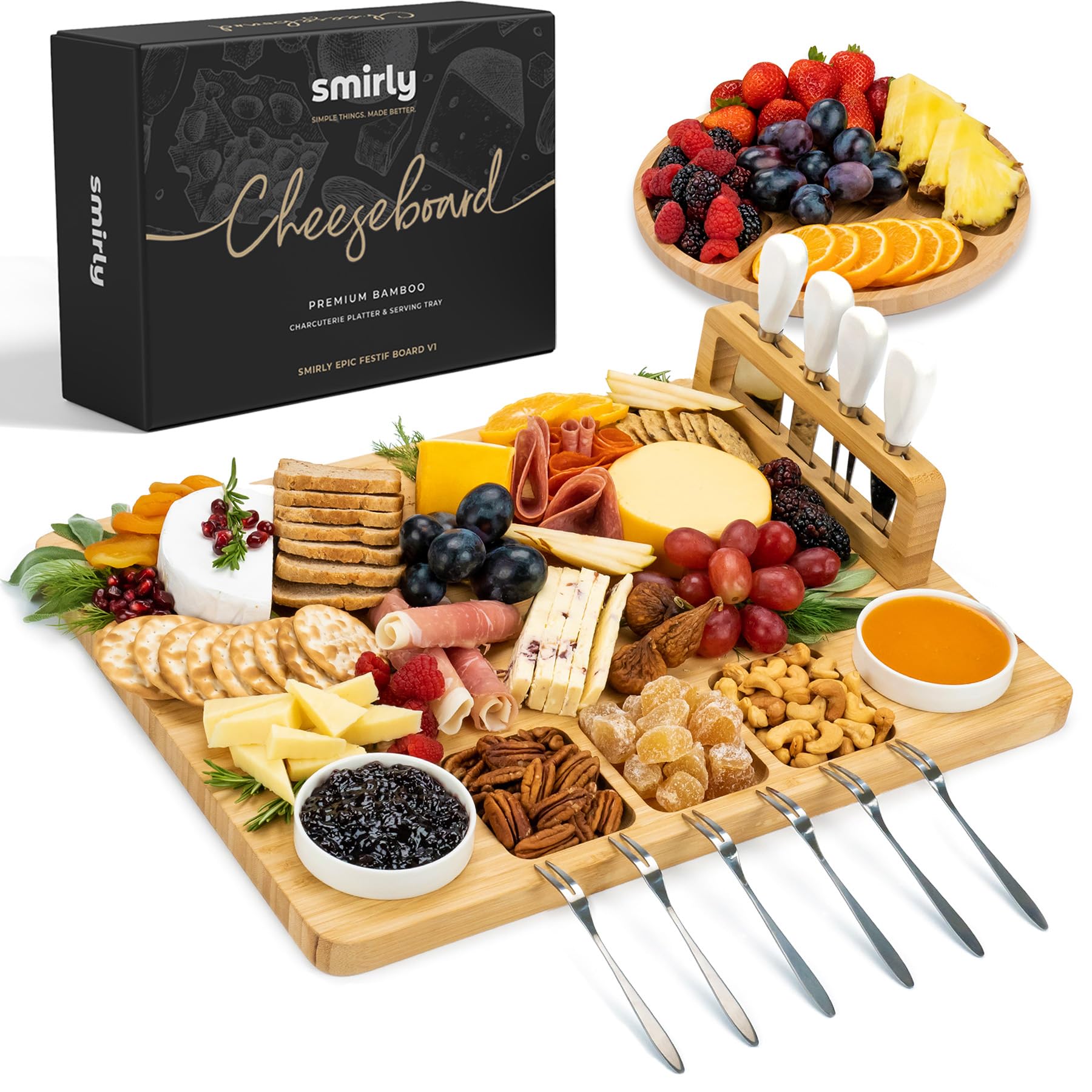 Smirly charcuterie board setup with fruit and cheese for entertaining.