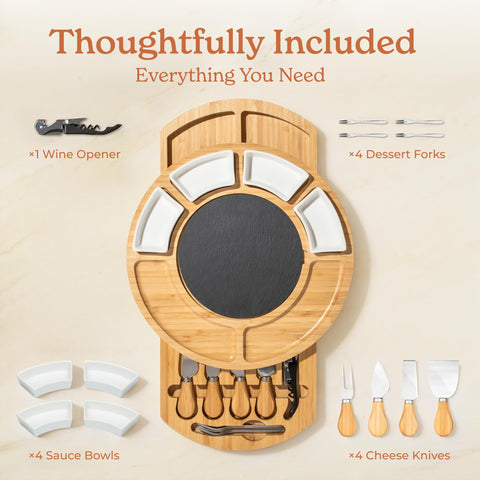SMIRLY Four ceramic bowls on board for dips, nuts, and toppings.