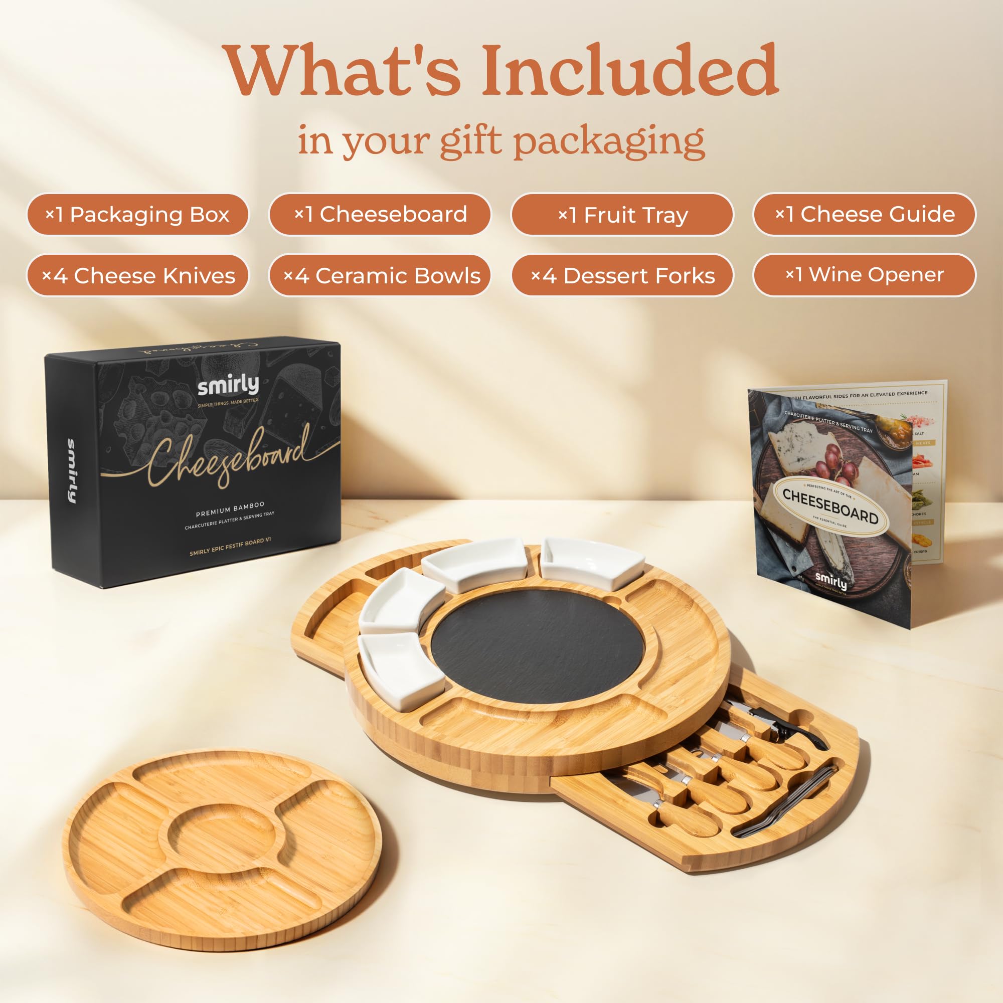 SMIRLY Charcuterie Knife Set on bamboo board for easy, stylish slicing.