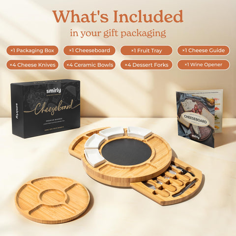 SMIRLY Charcuterie Knife Set on bamboo board for easy, stylish slicing.