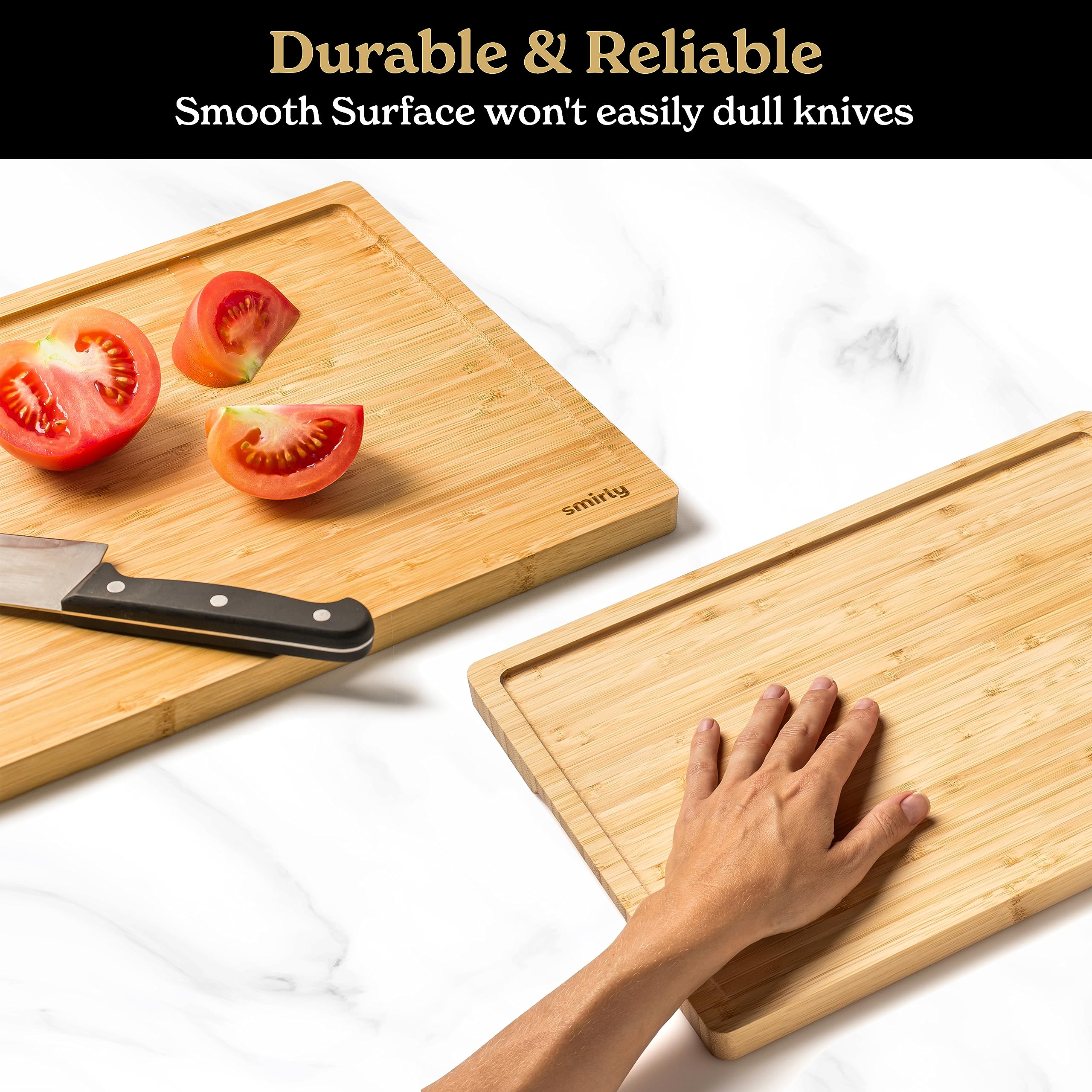 SMIRLY ergonomic-handles board offers secure grip during chopping tasks.