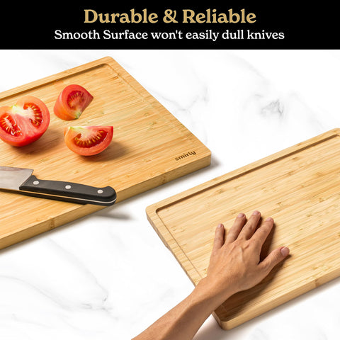 SMIRLY ergonomic-handles board offers secure grip during chopping tasks.