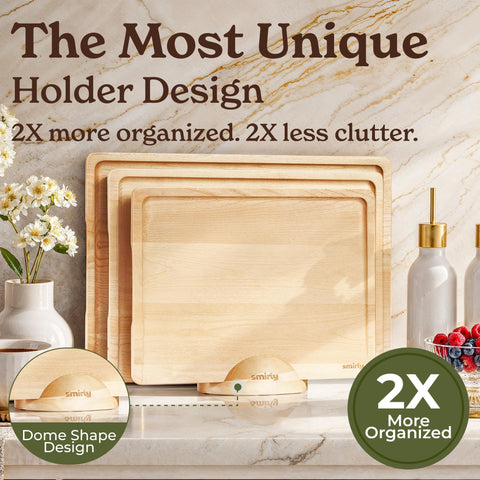 SMIRLY cutting board with ergonomic grip handles for easy transfer.