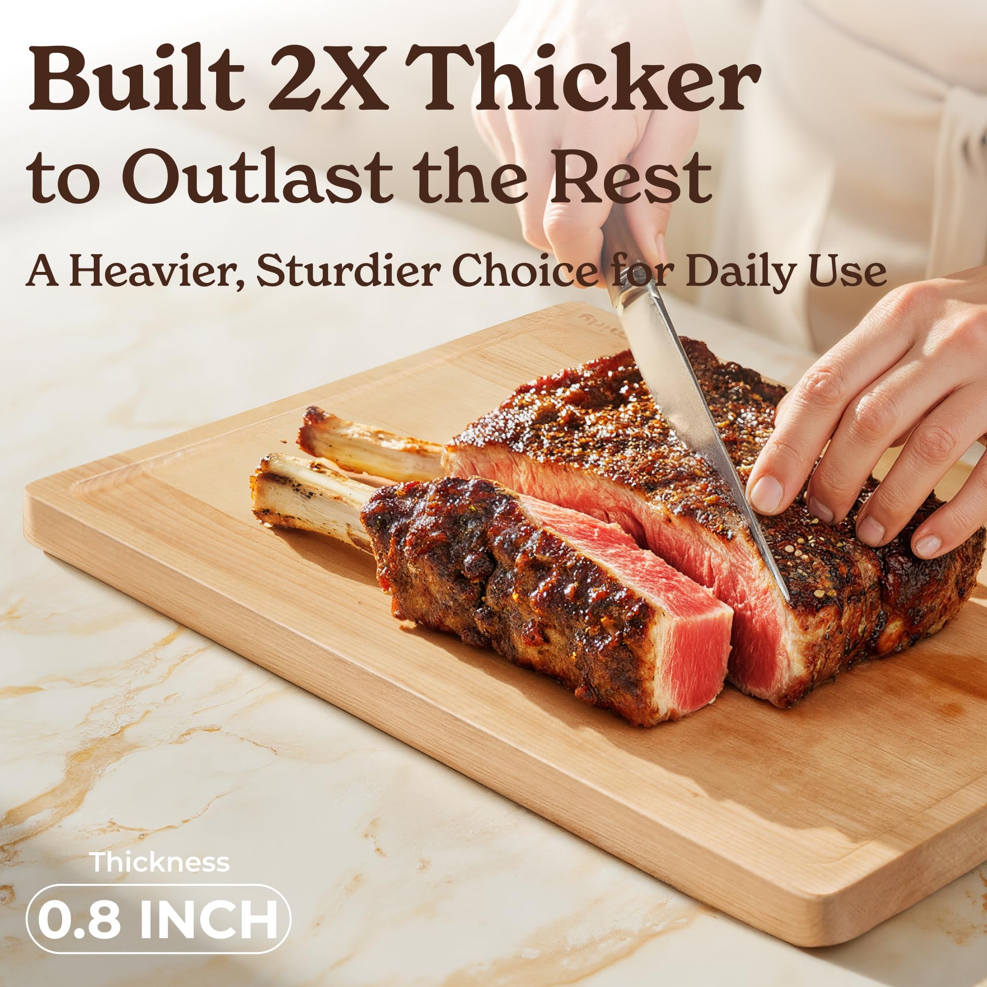 SMIRLY reversible cutting board with deep juice grooves keeps counter clean.