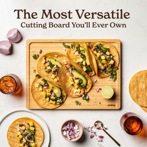SMIRLY eco-friendly bamboo board emphasizes sustainable kitchen choice.