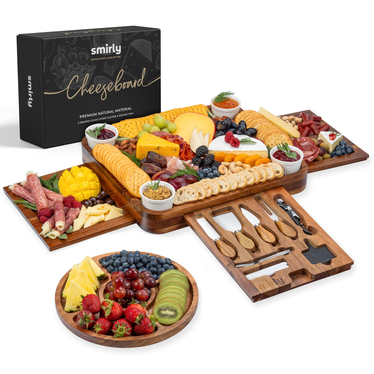 SMIRLY large acacia charcuterie board set with accessories for elegant entertaining