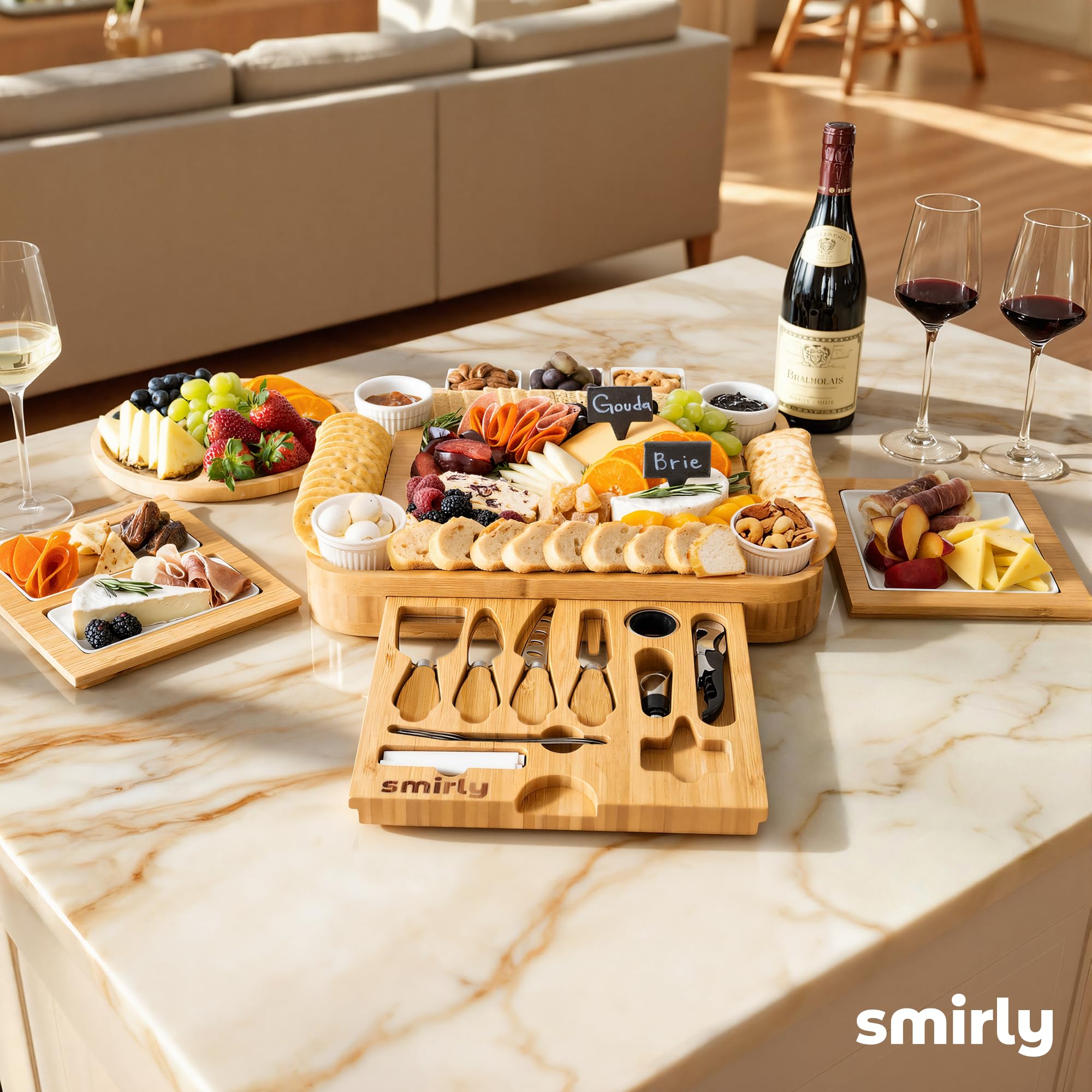 Serving knives and bowls complement the SMIRLY bamboo board for easy prep.