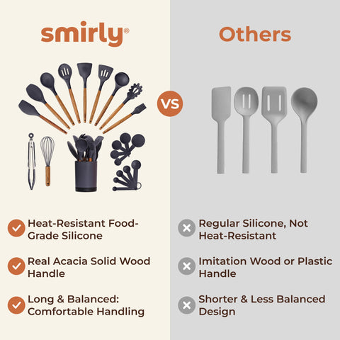 SMIRLY holder keeps the acacia wood-handled utensils organized.