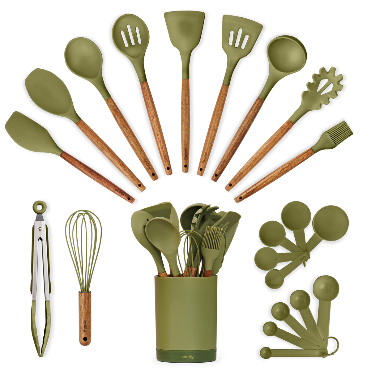 SMIRLY 22-piece silicone utensils set with green acacia wood handles for nonstick cooking