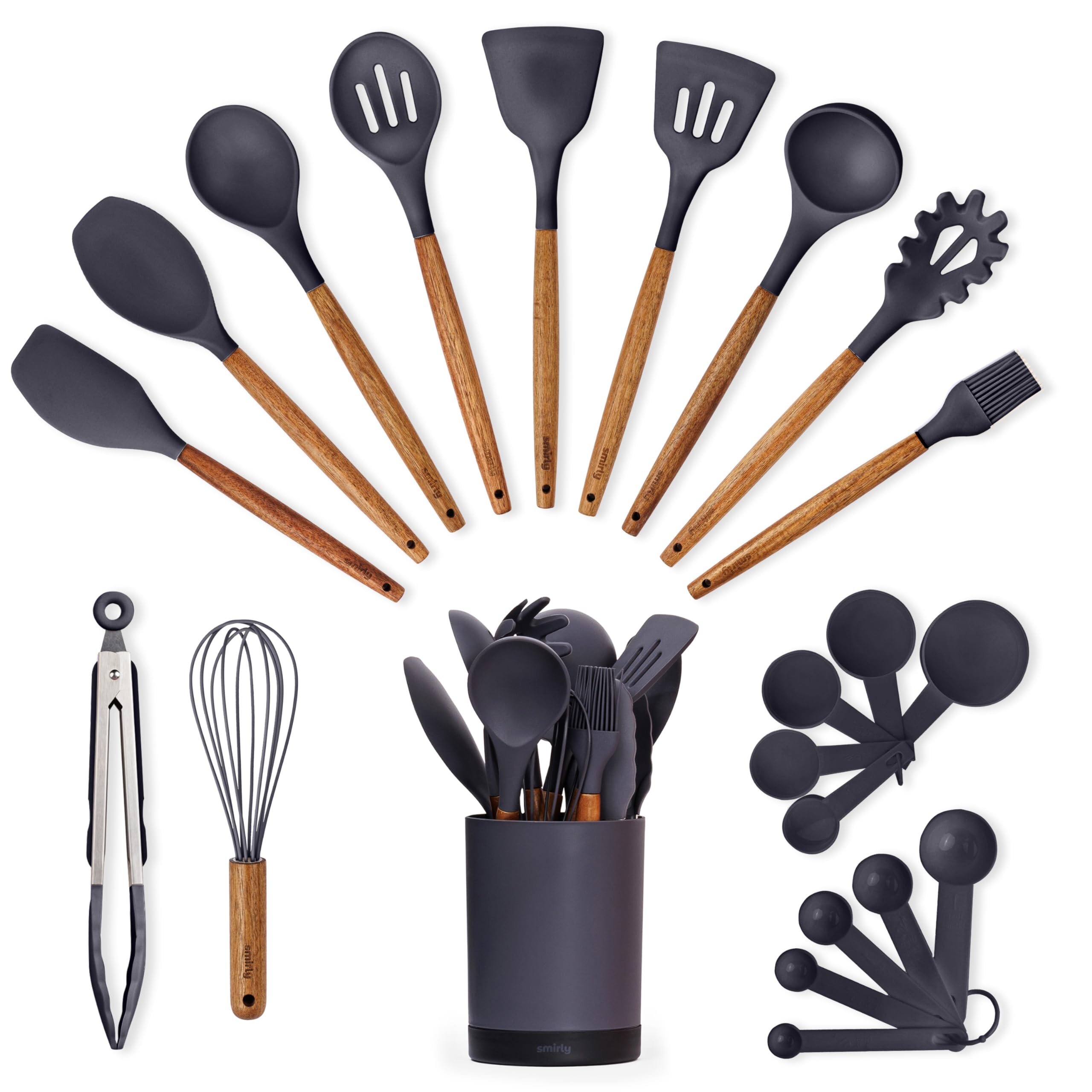 SMIRLY silicone utensils with acacia wood handles for durable nonstick cooking.