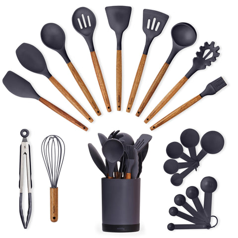 SMIRLY silicone utensils with acacia wood handles for durable nonstick cooking.