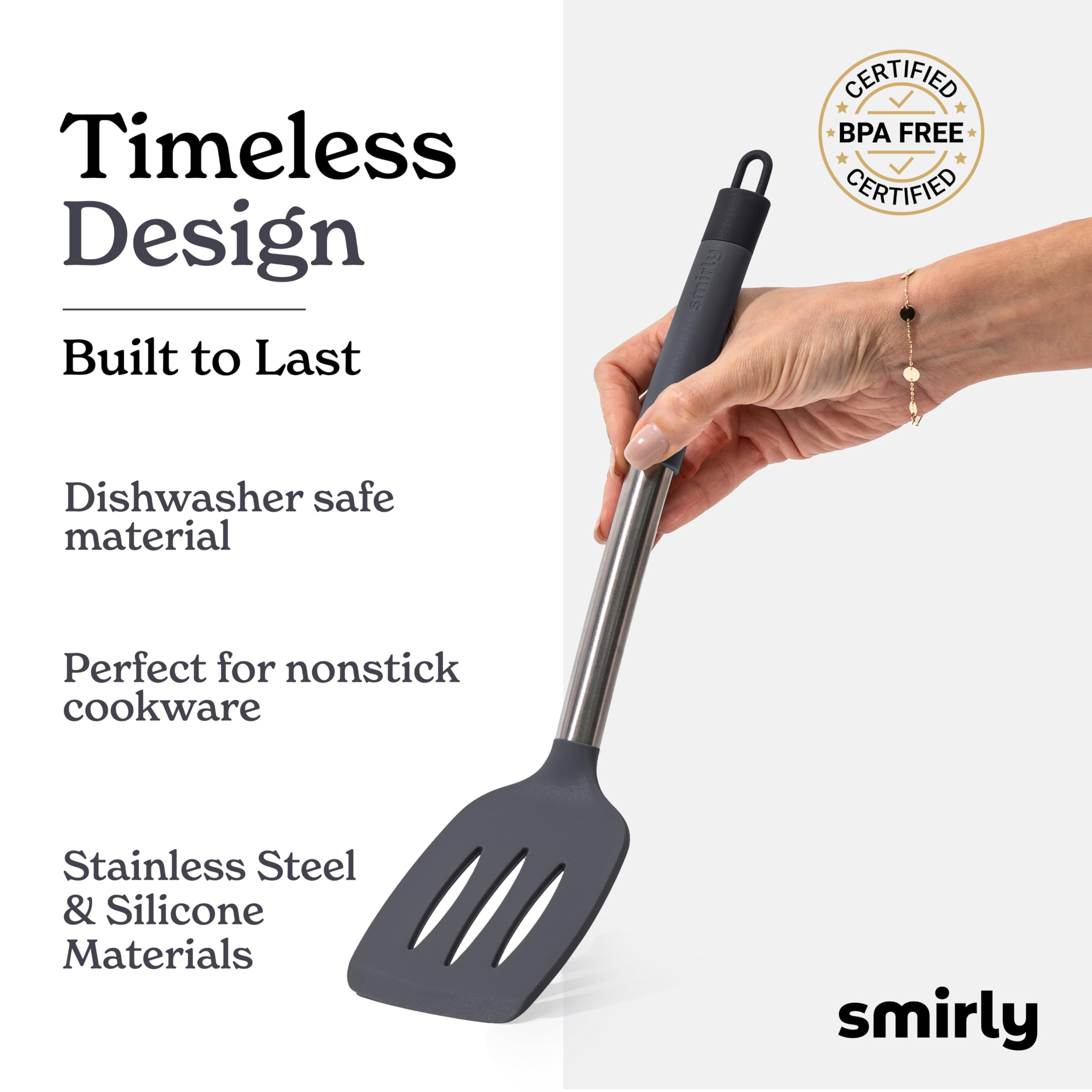 SMIRLY stainless steel-handle utensil with heat-resistant silicone head protecting cookware