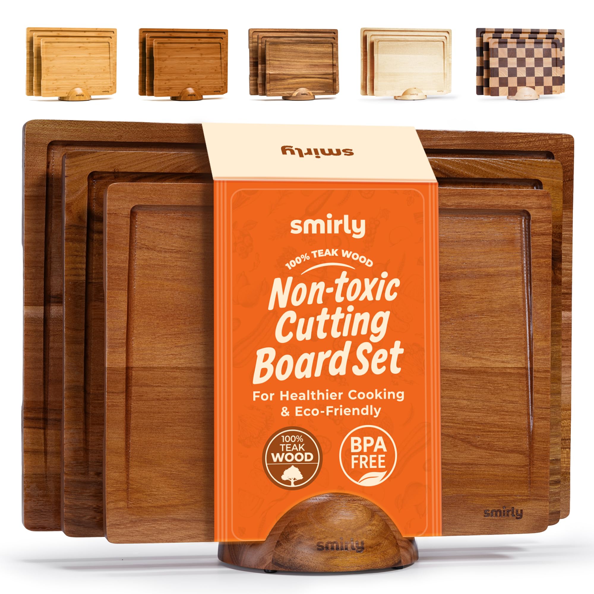 SMIRLY teak cutting board set with holder showing organized storage and durable construction