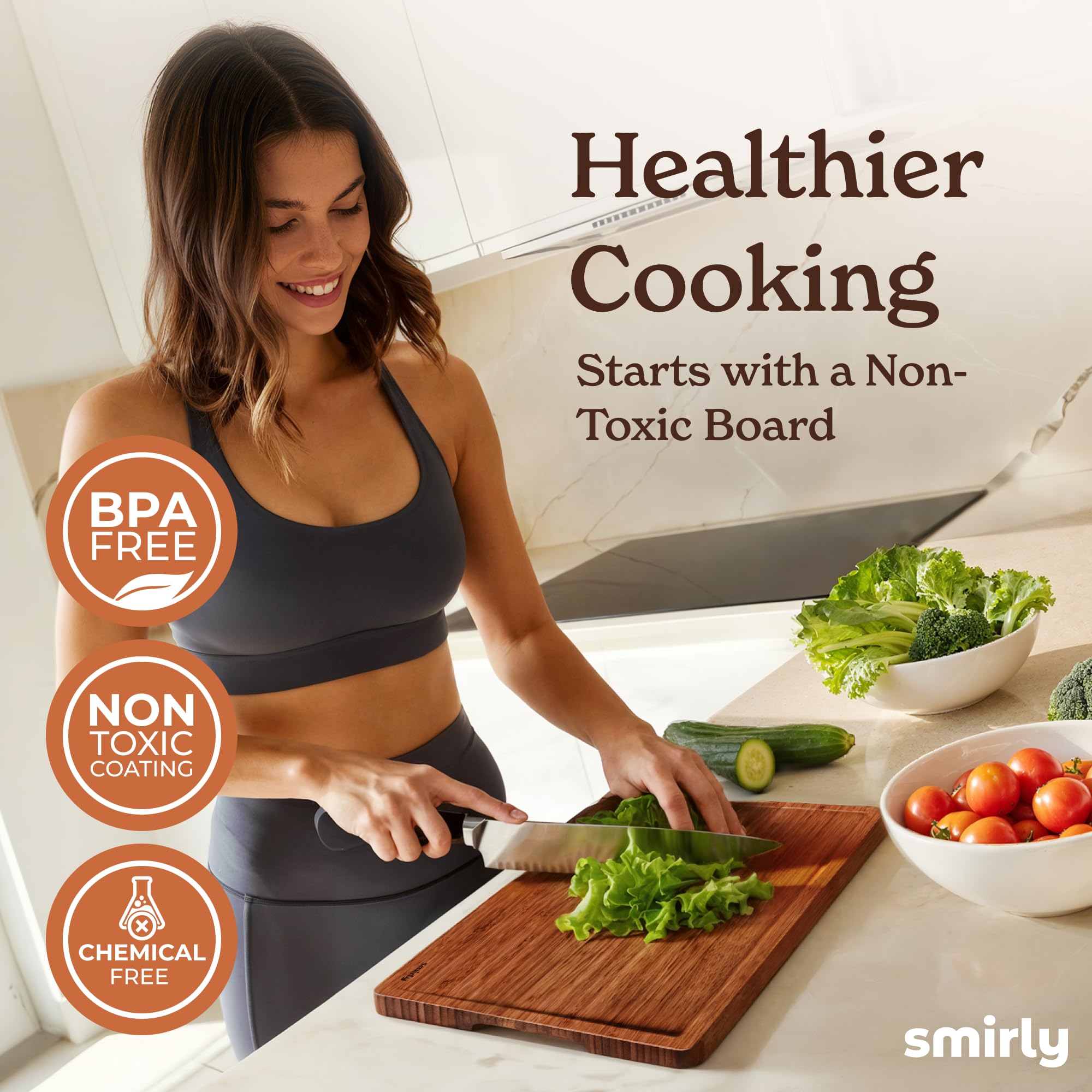 Smirly three-pack cutting boards with holder keeps boards organized and accessible.