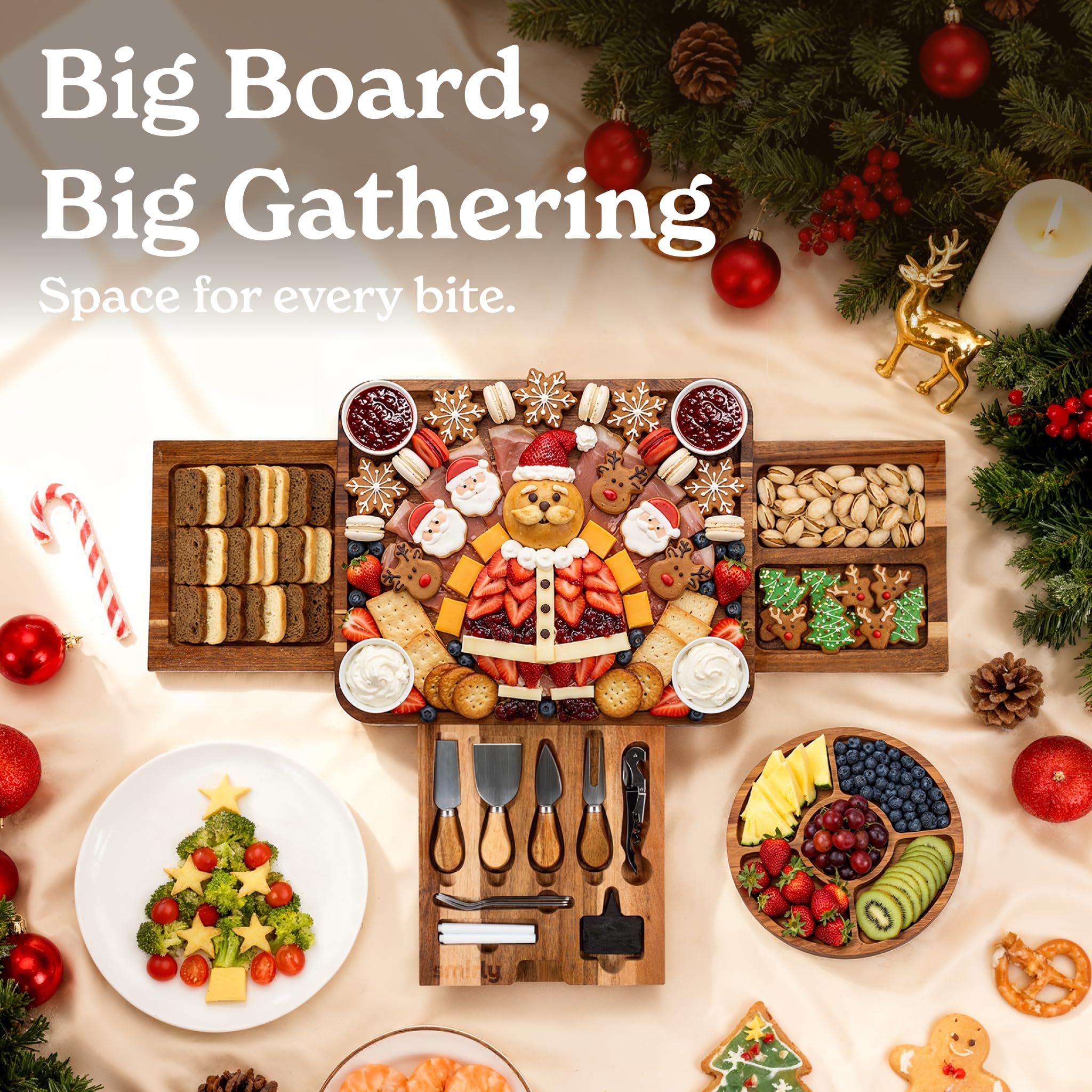 SMIRLY wooden charcuterie board on a dining table during a casual gathering