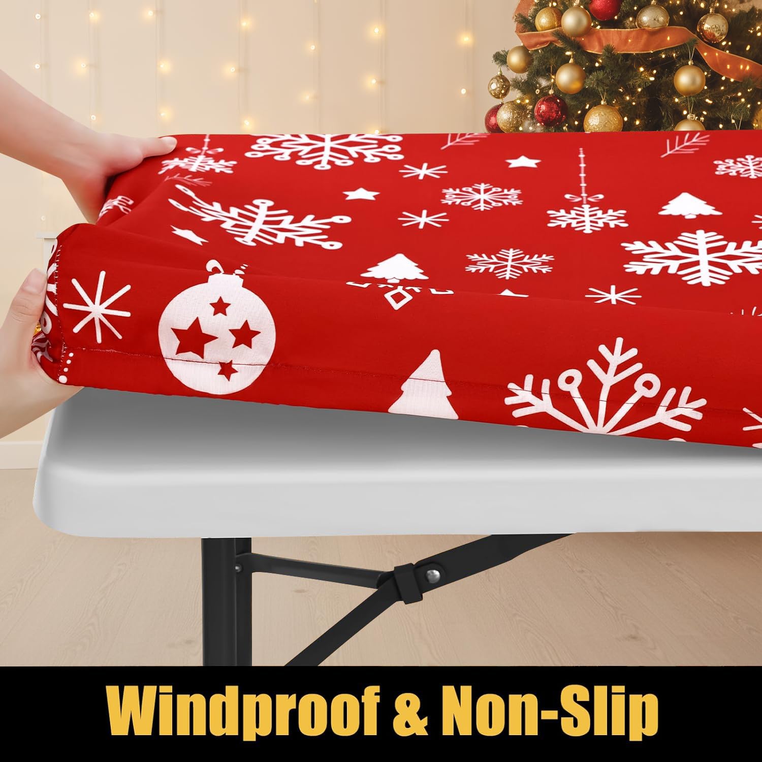 Smiry elastic edge ensures snug fit on 8ft tables for wind-prone gatherings.