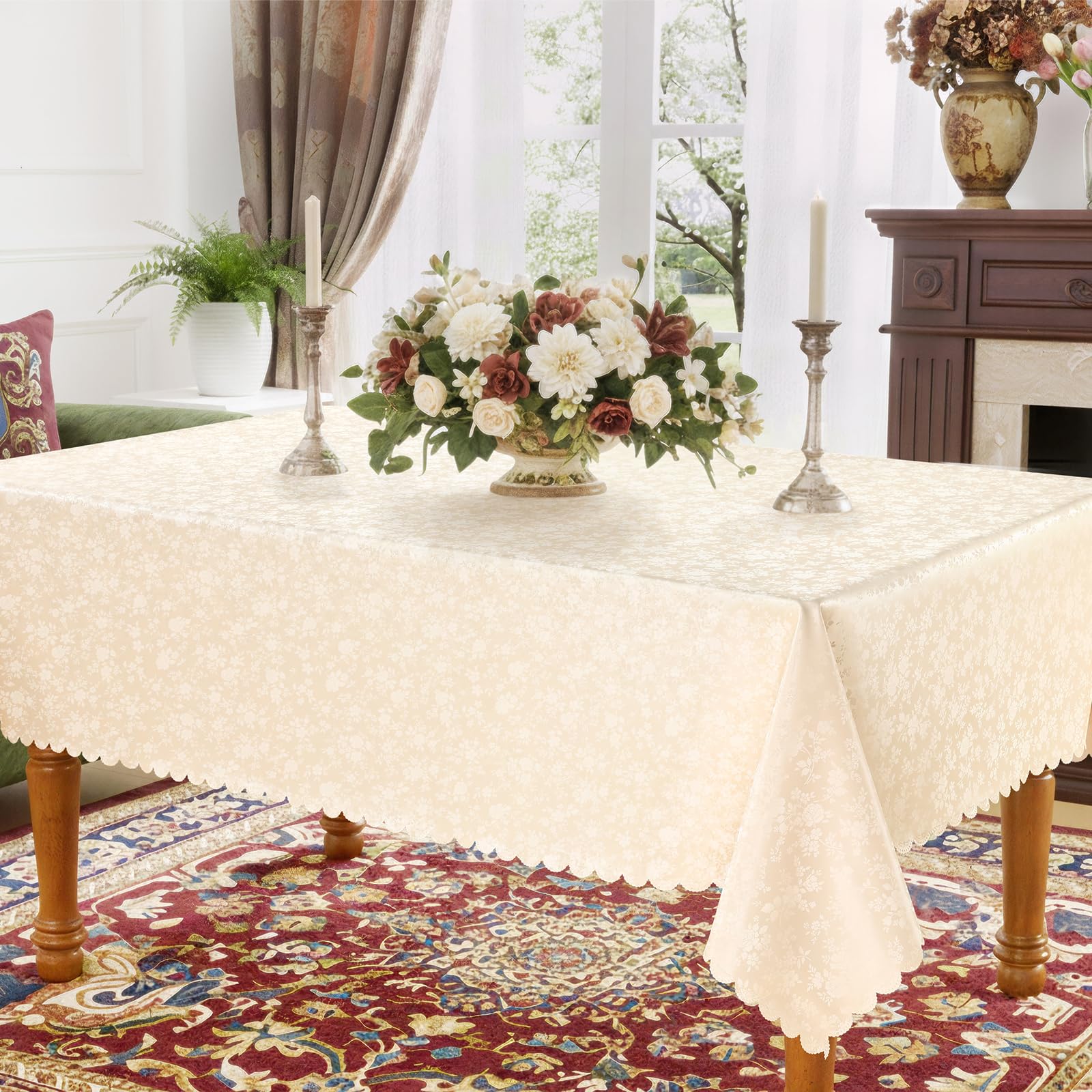 Smiry beige tablecloth in use at a family dining scene