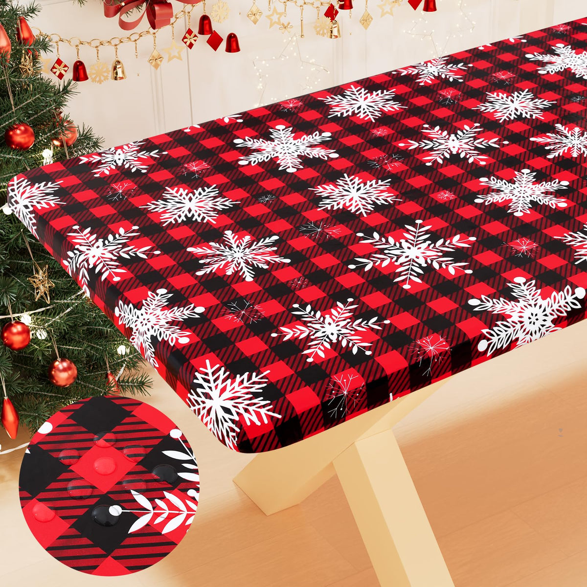 Smiry buffalo plaid tablecloth with elastic edge for a secure fit during meals.
