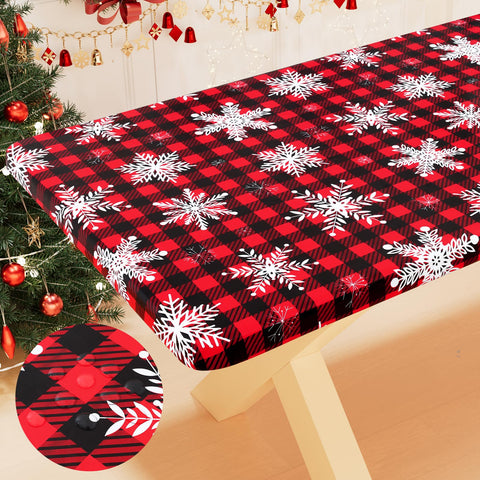 Smiry buffalo plaid tablecloth with elastic edge for a secure fit during meals.