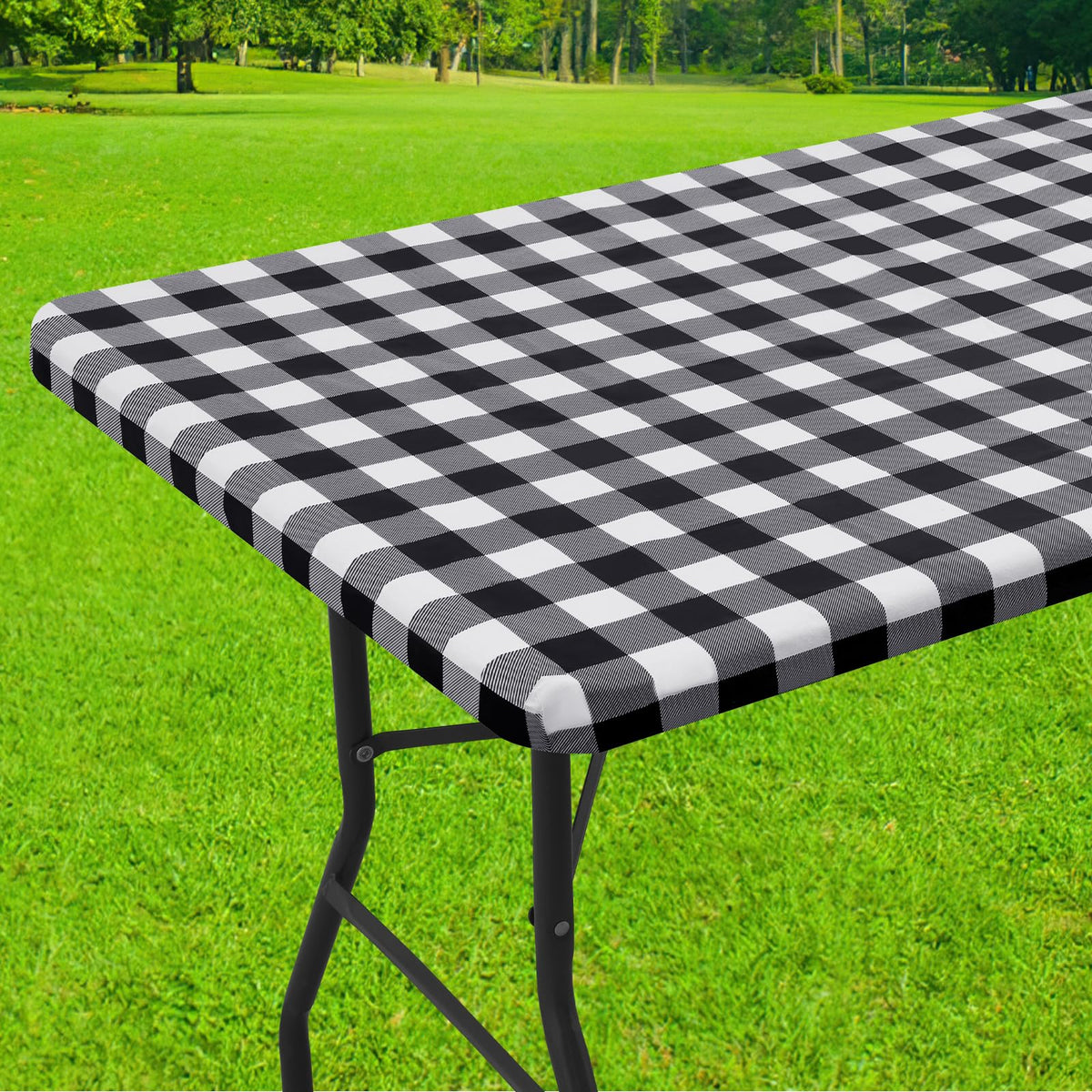 Smiry buffalo plaid windproof elastic-edge tablecloth for outdoor dining.