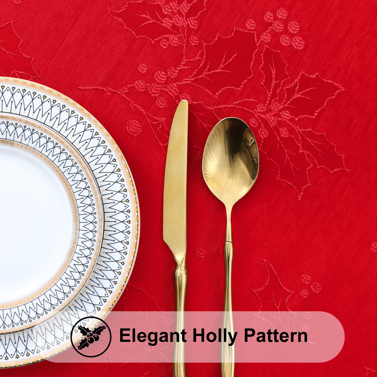 Smiry damask close-up reveals rich texture and holly accents for festive charm.