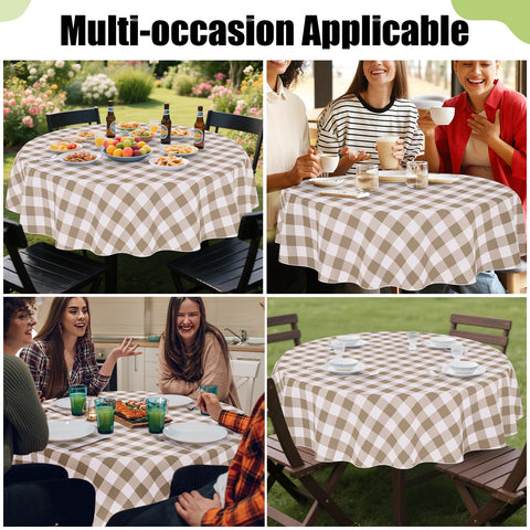 Smiry khaki and white plaid tablecloth brightens indoor dining with a cozy look