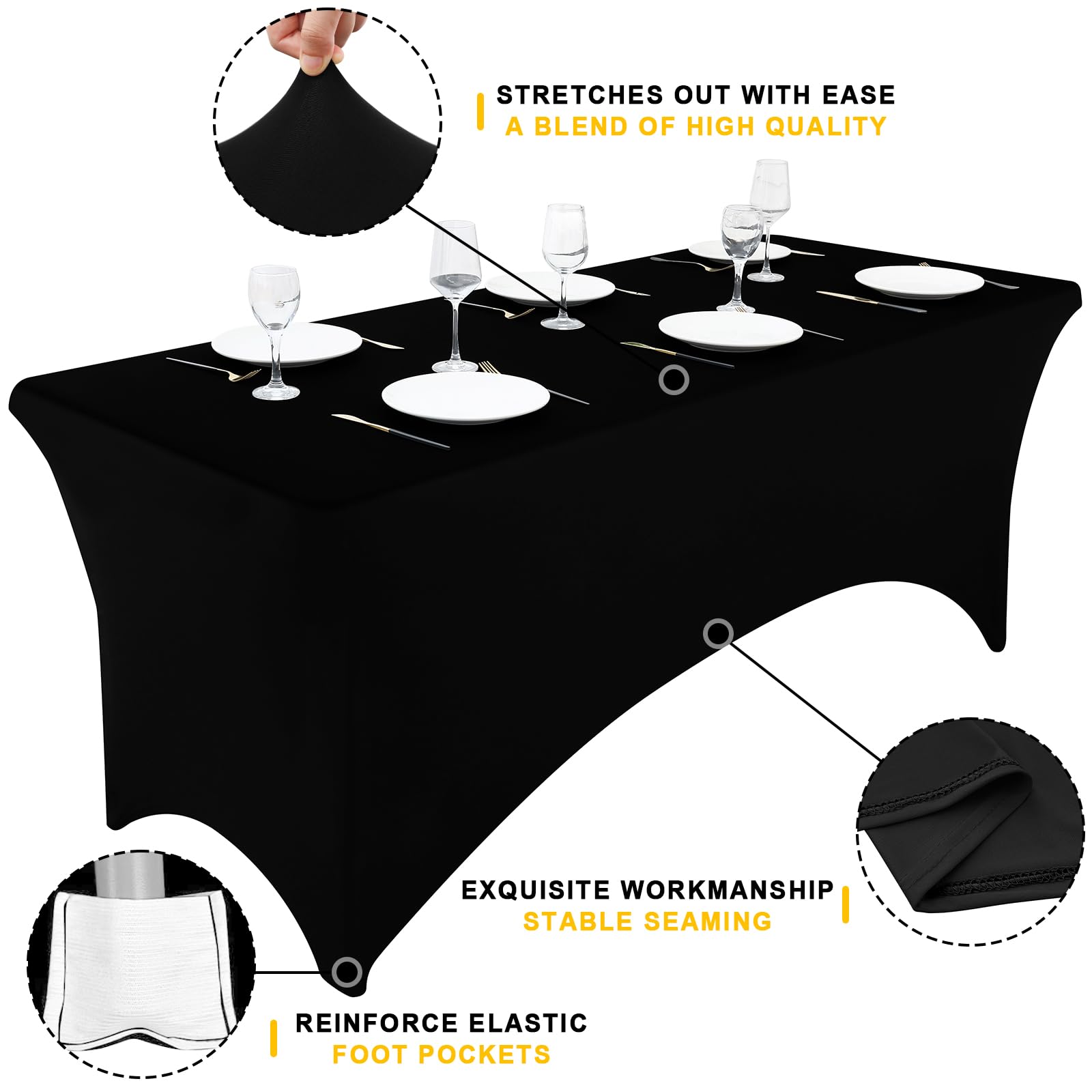 Smiry elastic fitted table cloth provides stretch for snug, wrinkle-free coverage.