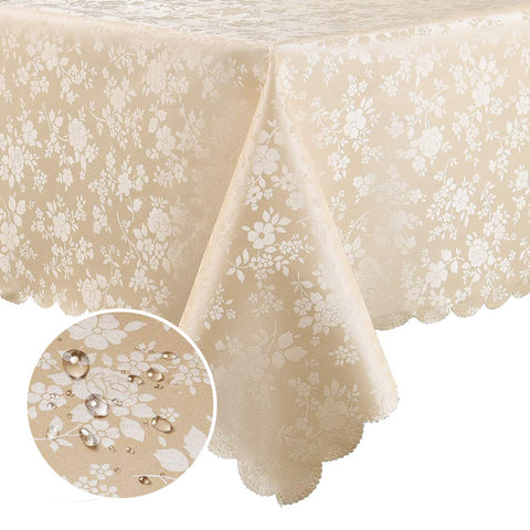 Smiry floral-embossed beige tablecloth adds elegant warmth to dining.