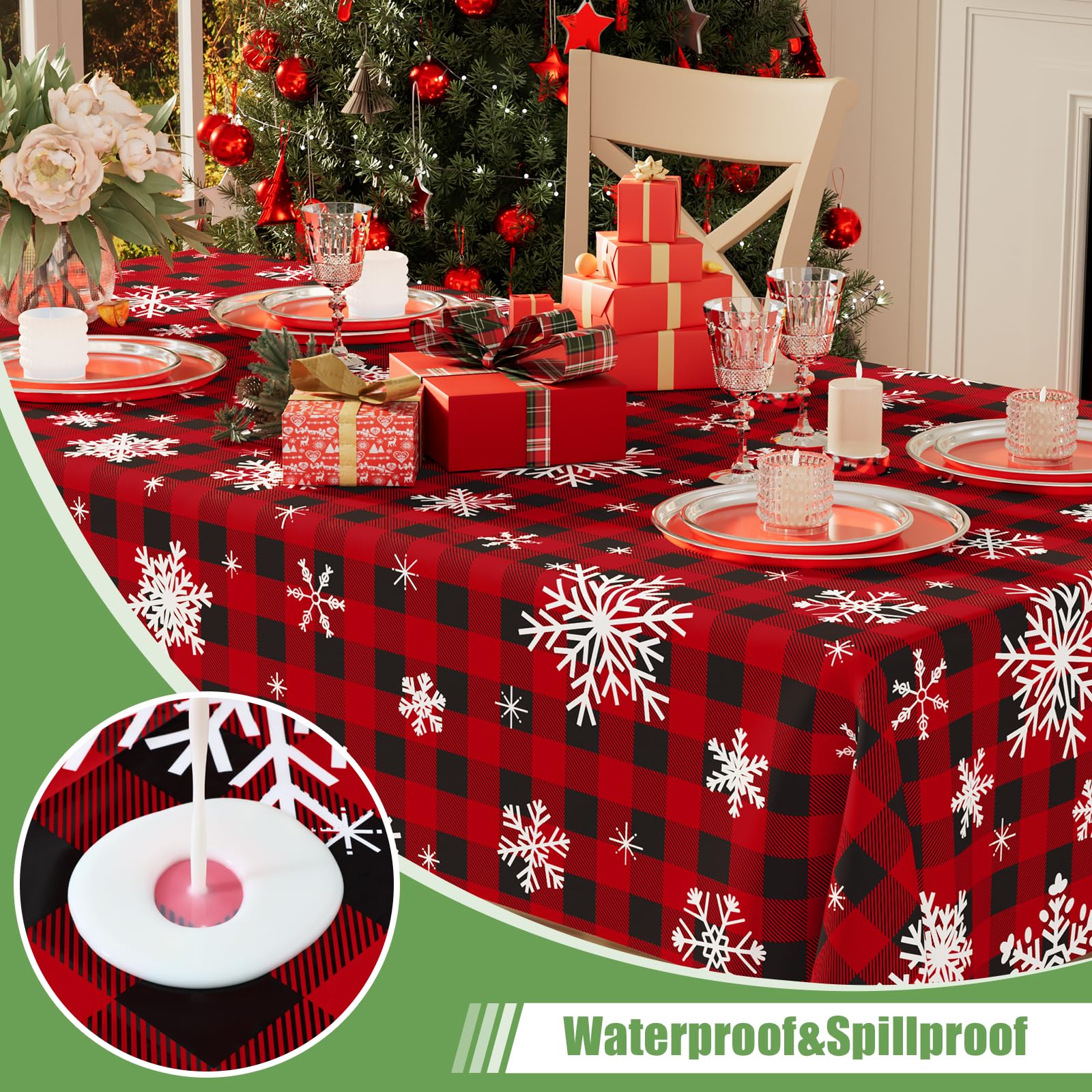Close-up of Smiry gingham waterproof tablecloth showing spill protection.