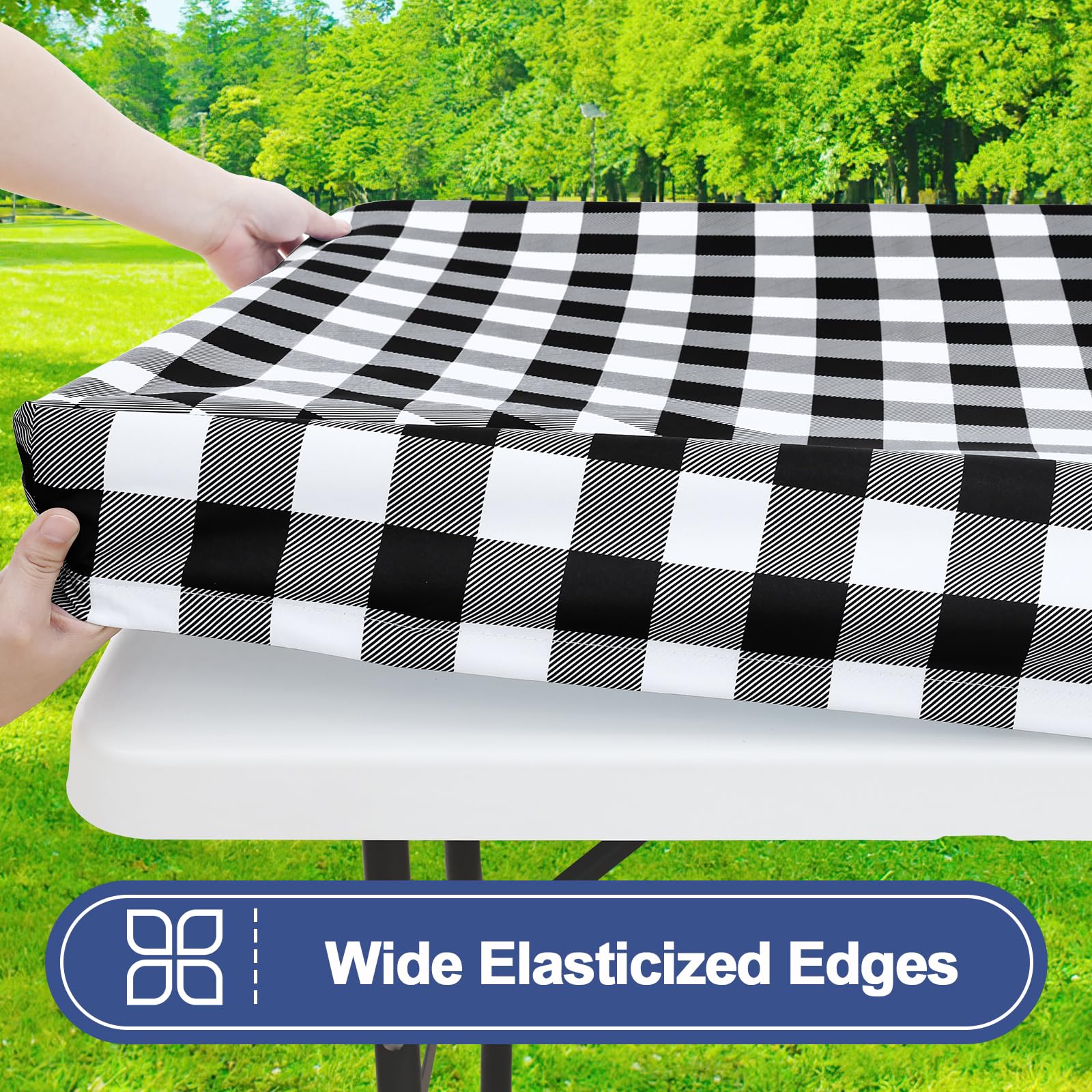 Smiry table cloth with elastic edge delivers snug fit on a 6ft table.