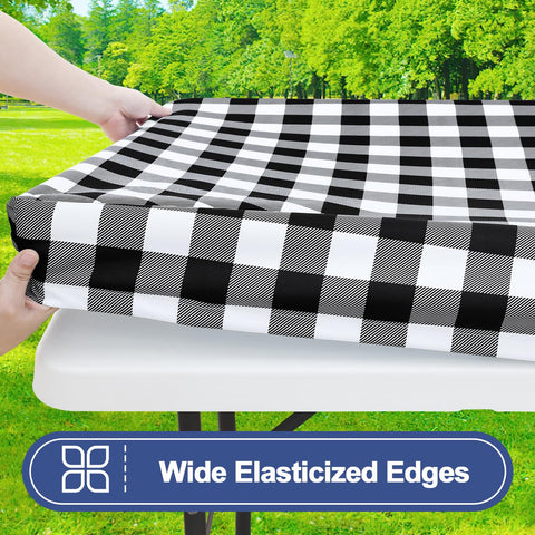 Smiry table cloth with elastic edge delivers snug fit on a 6ft table.