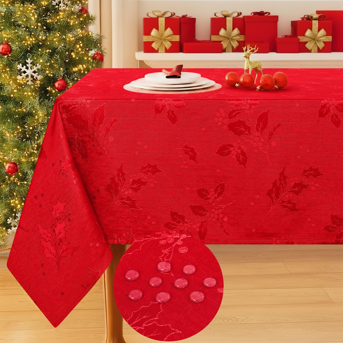 Smiry rectangle damask tablecloth featuring holly pattern in burgundy, ideal for festive holiday tables.
