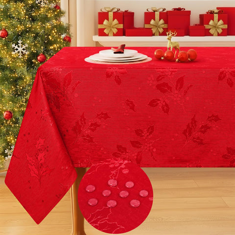 Smiry rectangle damask tablecloth featuring holly pattern in burgundy, ideal for festive holiday tables.
