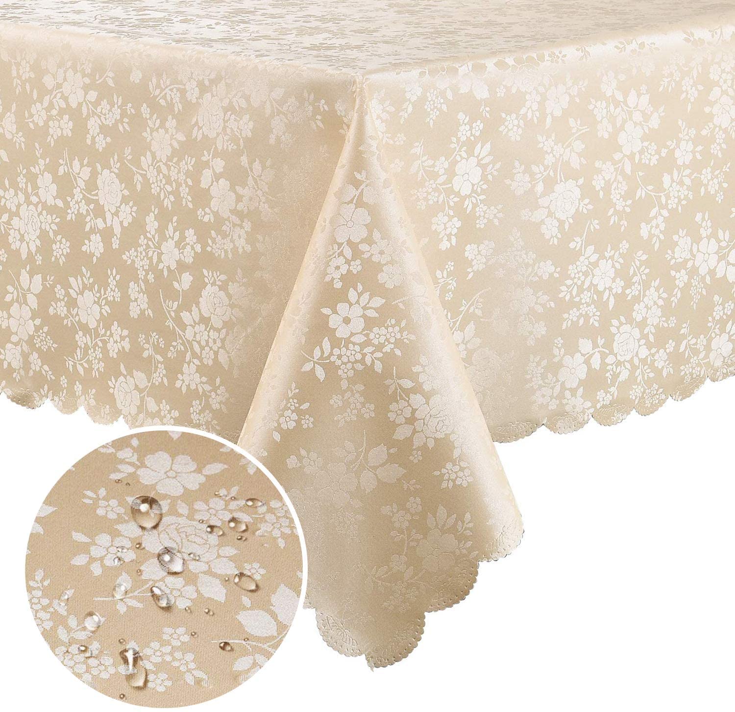 Smiry beige rectangle table cloth drapes elegantly over a beige dining table, protecting the surface
