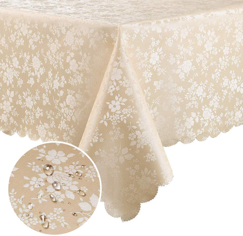 Smiry beige rectangle table cloth drapes elegantly over a beige dining table, protecting the surface