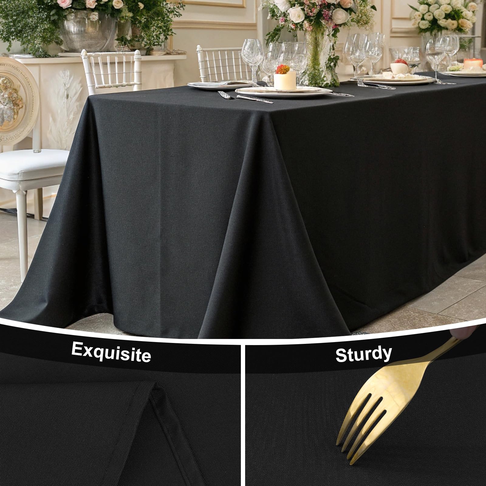Smiry solid-black table cover offers easy cleanup after family gatherings.