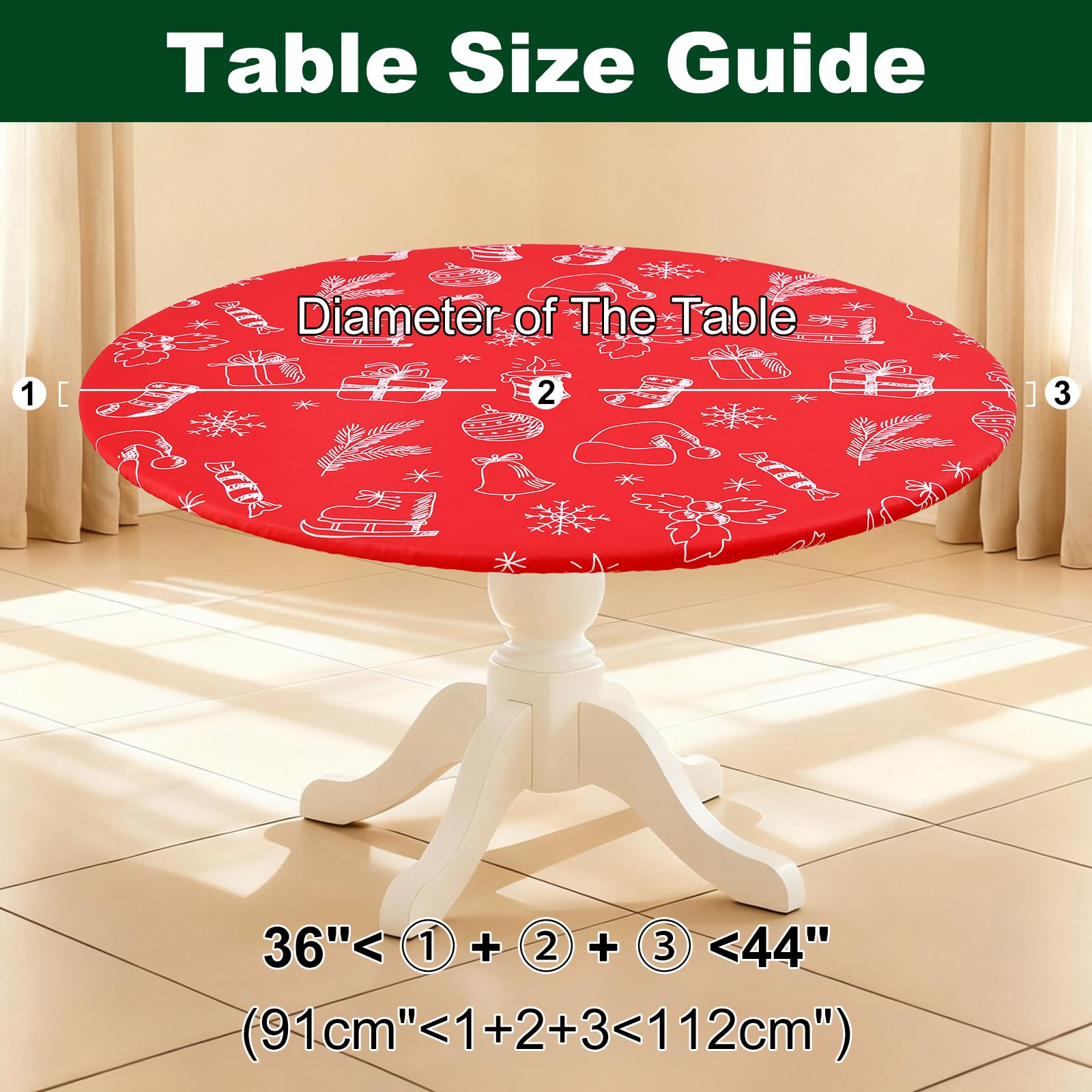 36-44 inch round Smiry Round Spandex Tablecloth fits standard tables.