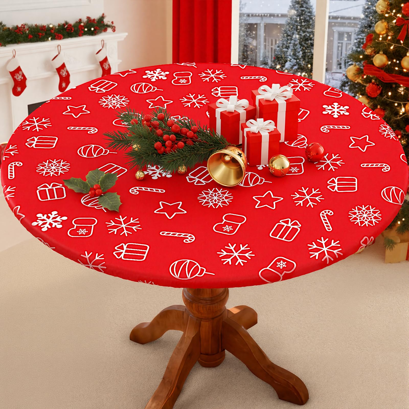 Smiry round spandex tablecloth with elastic edge secures 36-44 inch tables outdoors.
