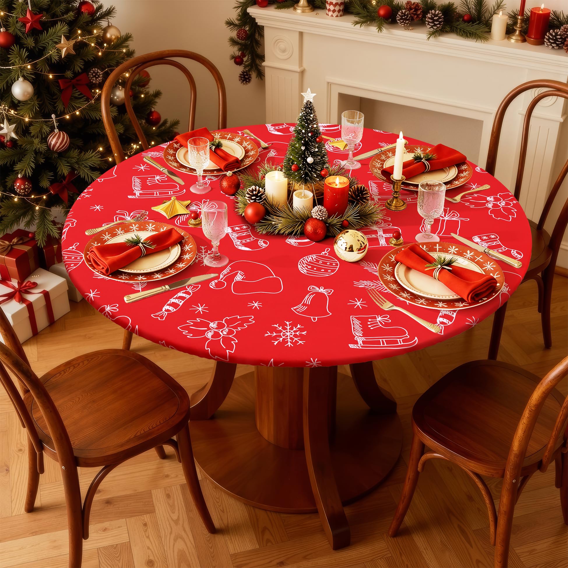 Holly Berry design on Smiry Round Spandex Tablecloth adds festive flair.