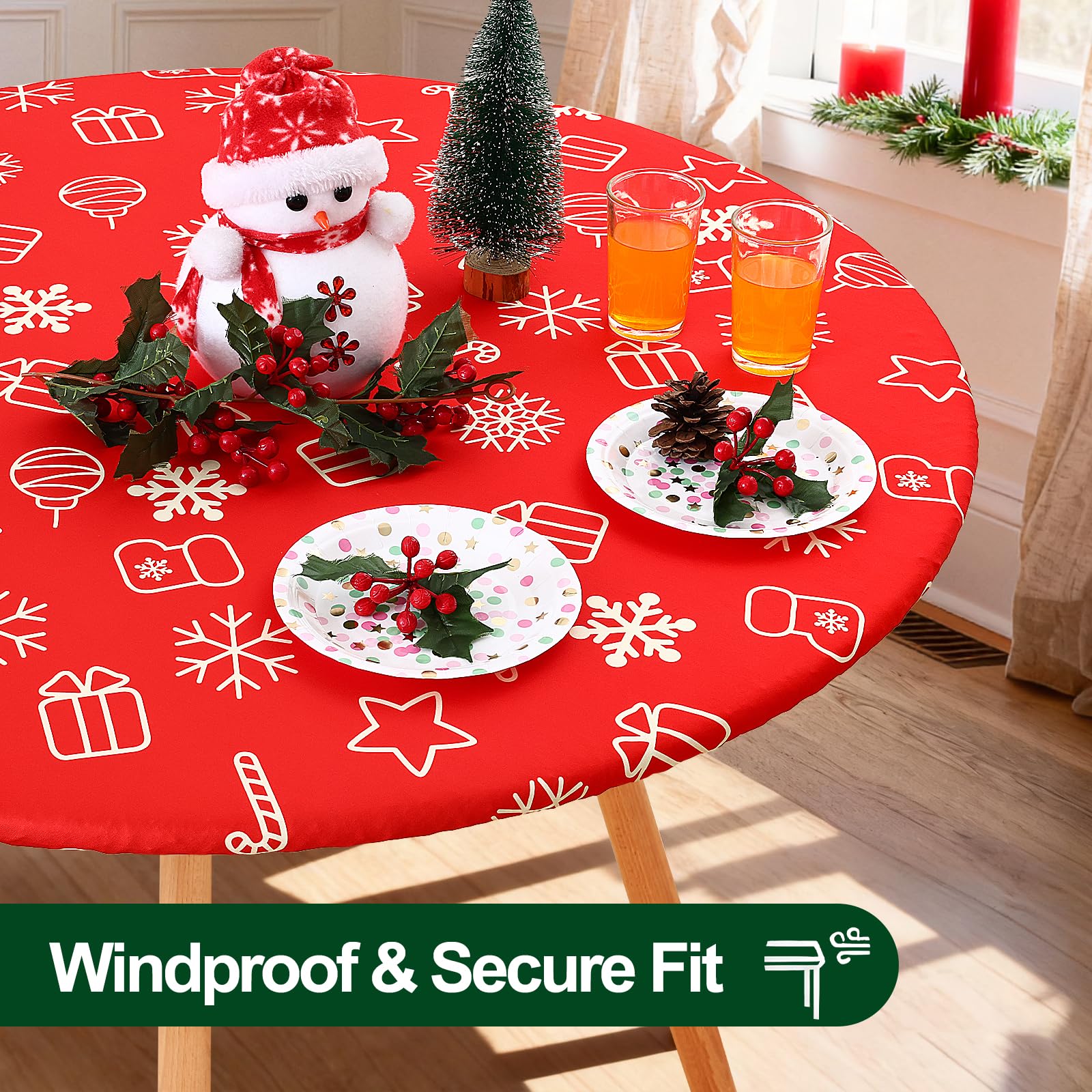 Smiry round spandex tablecloth secure fit for indoor dining without clips.