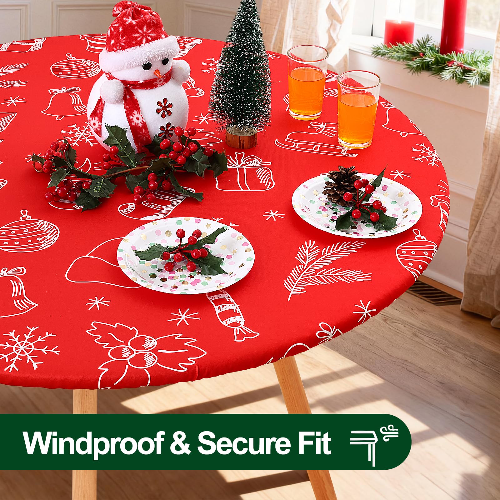 Smiry round spandex tablecloth in white is washable for quick cleanup.