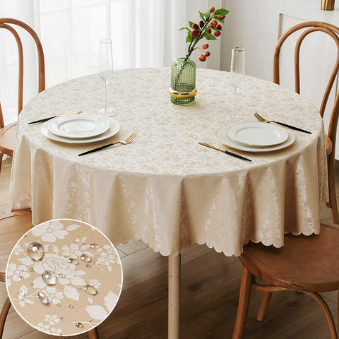 Smiry beige round table cloth 60in flat on table protects surfaces