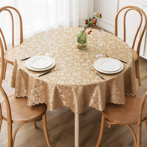 Smiry brown 60in round table cloth features waterproof PU surface to guard against spills.