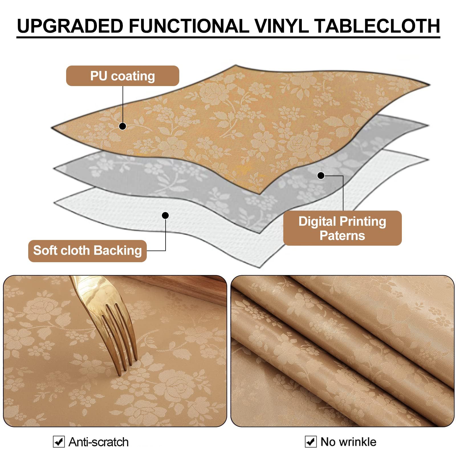Smiry round table cloth has an easy clean surface for quick spill cleanup.