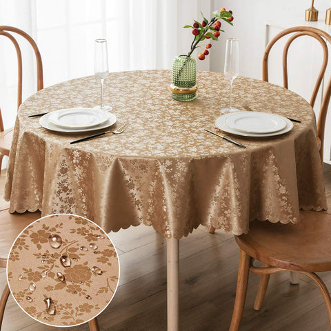 Smiry round table cloth with floral embossed edge protects surfaces and elevates dining aesthetics.