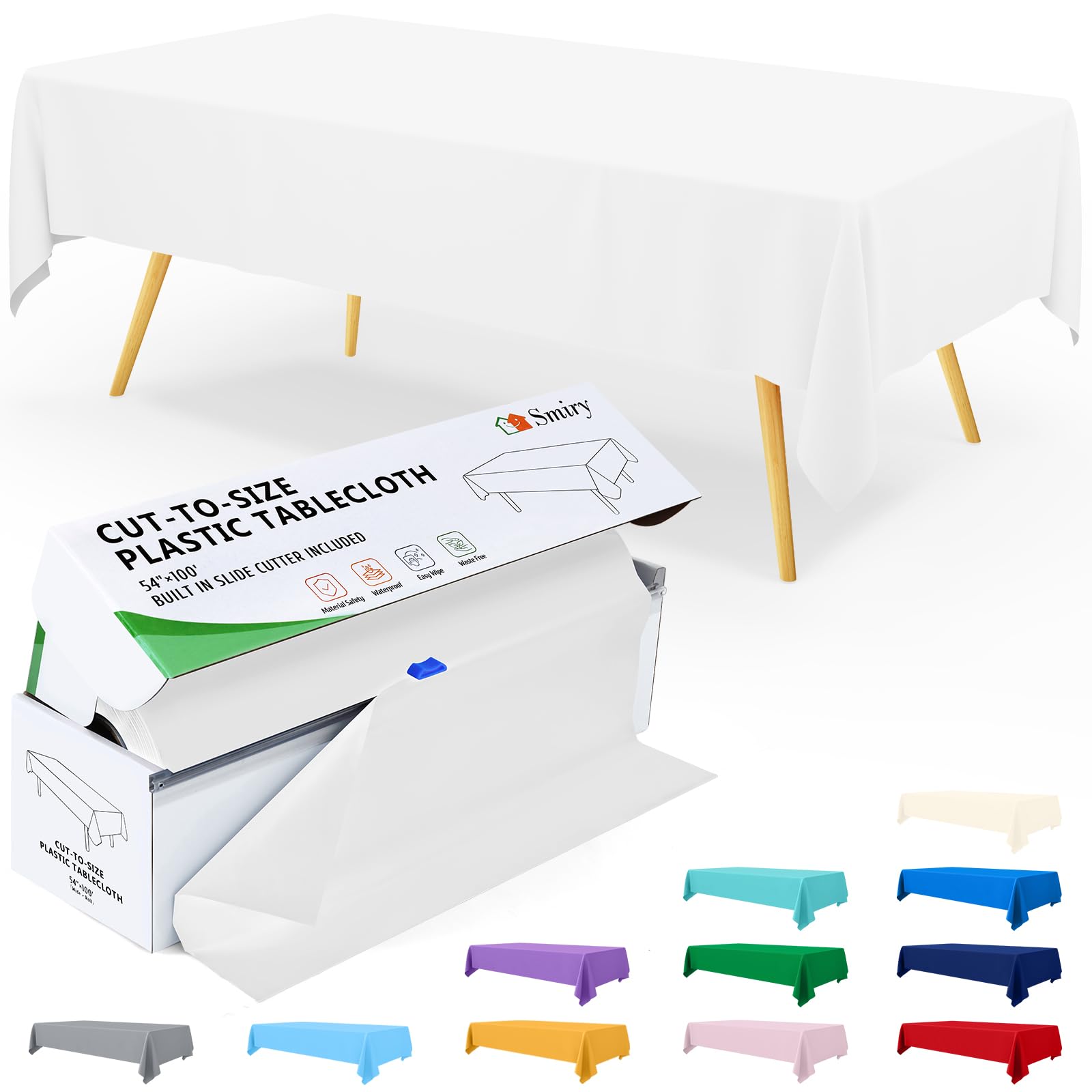 Smiry table cover roll with sliding cutter for precise cuts on rectangular tables.