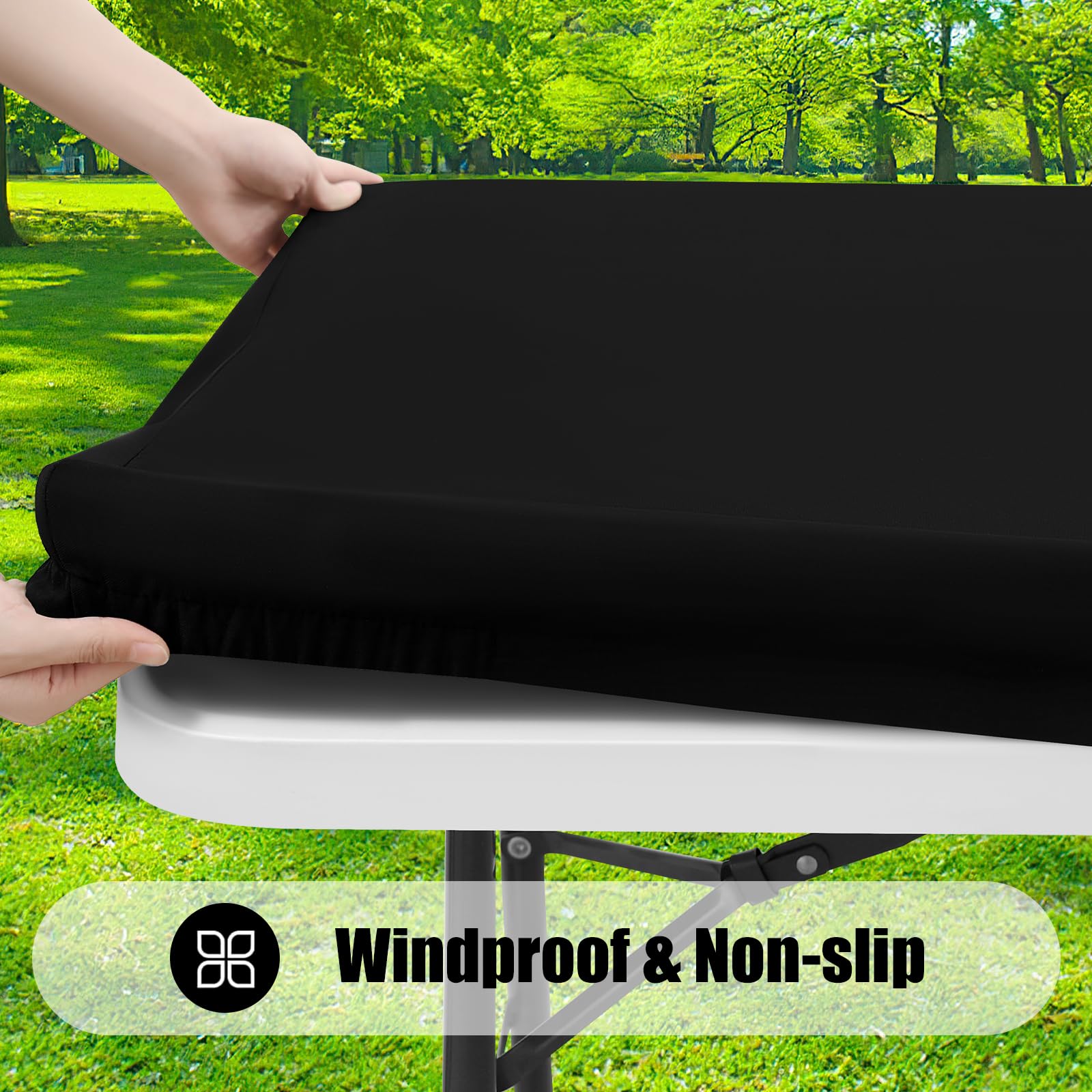 Smiry tablecloth with elastic edge stays secure on windy days.